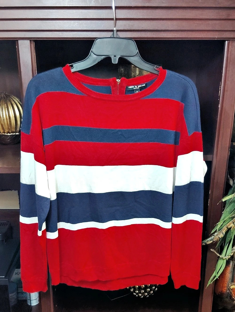 Cable & Gauge Striped Crew Neck Sweater in Red & Blue PL